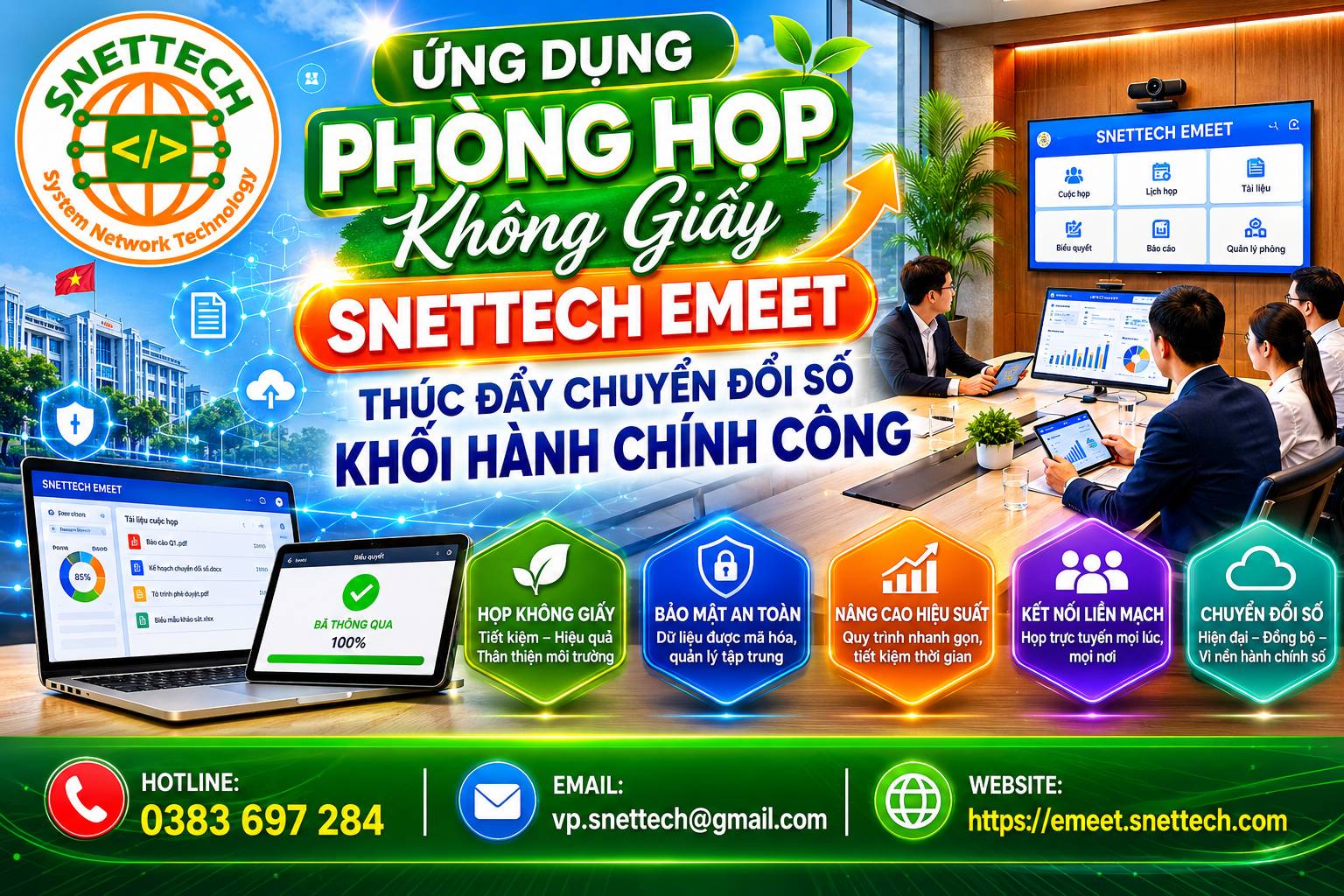 Ứng Dụng Ph&ograve;ng Họp Kh&ocirc;ng Giấy Snettech Emeet Th&uacute;c Đẩy Chuyển Đổi Số Khối H&agrave;nh Ch&iacute;nh C&ocirc;ng