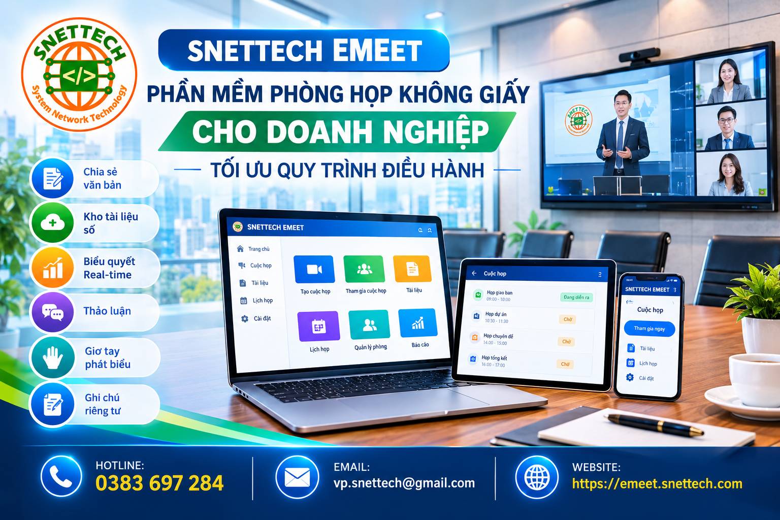 Snettech Emeet - Giải pháp phòng họp không giấy tối ưu chi phí, lựa chọn thông minh cho nhu cầu chuyển đổi số 