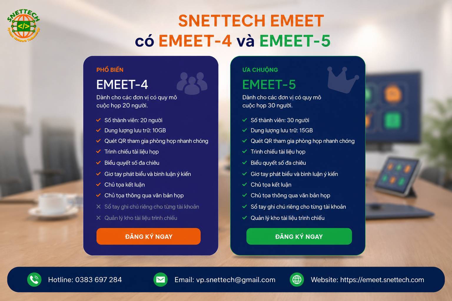 2 gói EMEET-4 và EMEET-5 của Giải pháp phòng họp không giấy Snettech Emeet 