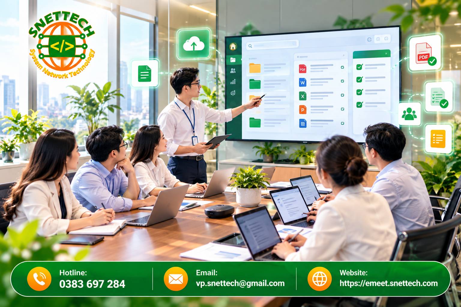 SNETTECH EMEET nâng tầm tính chuyên nghiệp và hiện đại cho không gian làm việc số nhờ khả năng tương tác, chia sẻ tài liệu thông minh theo thời gian thực