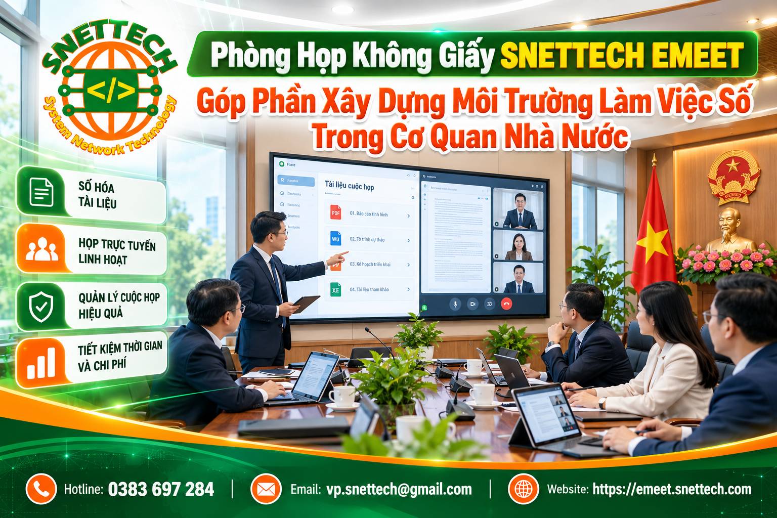 Giải pháp phòng họp không giấy SNETTECH EMEET giúp tối ưu hóa quy trình tổ chức, nâng cao năng suất làm việc và tiết kiệm tối đa thời gian chuẩn bị cho mỗi cuộc họp