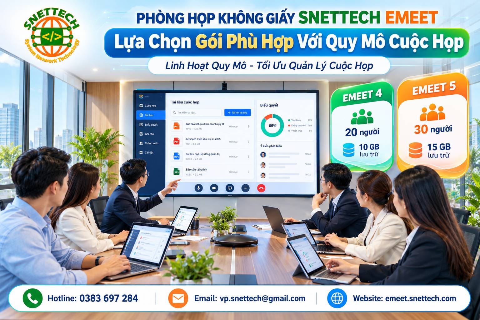 Cơ quan và doanh nghiệp có thể dễ dàng lựa chọn gói EMEET phù hợp với quy mô cuộc họp 