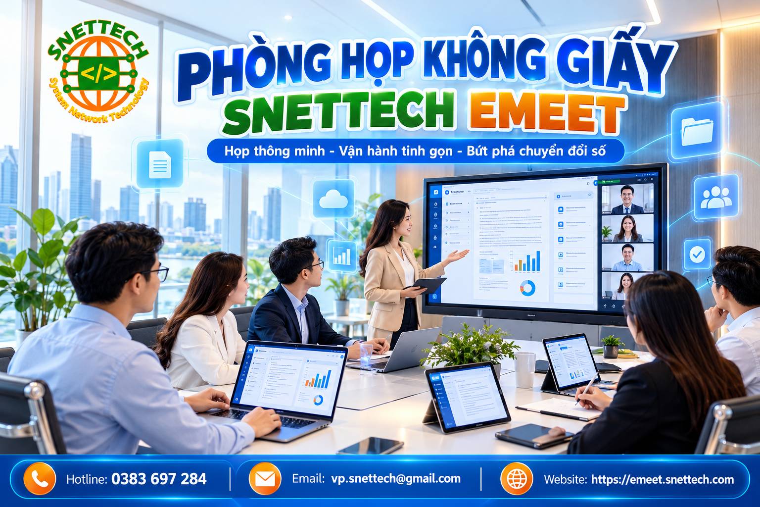 Phòng họp không giấy SNETTECH EMEET giúp tối ưu hóa toàn bộ quy trình tương tác và biểu quyết điện tử cho cơ quan, doanh nghiệp