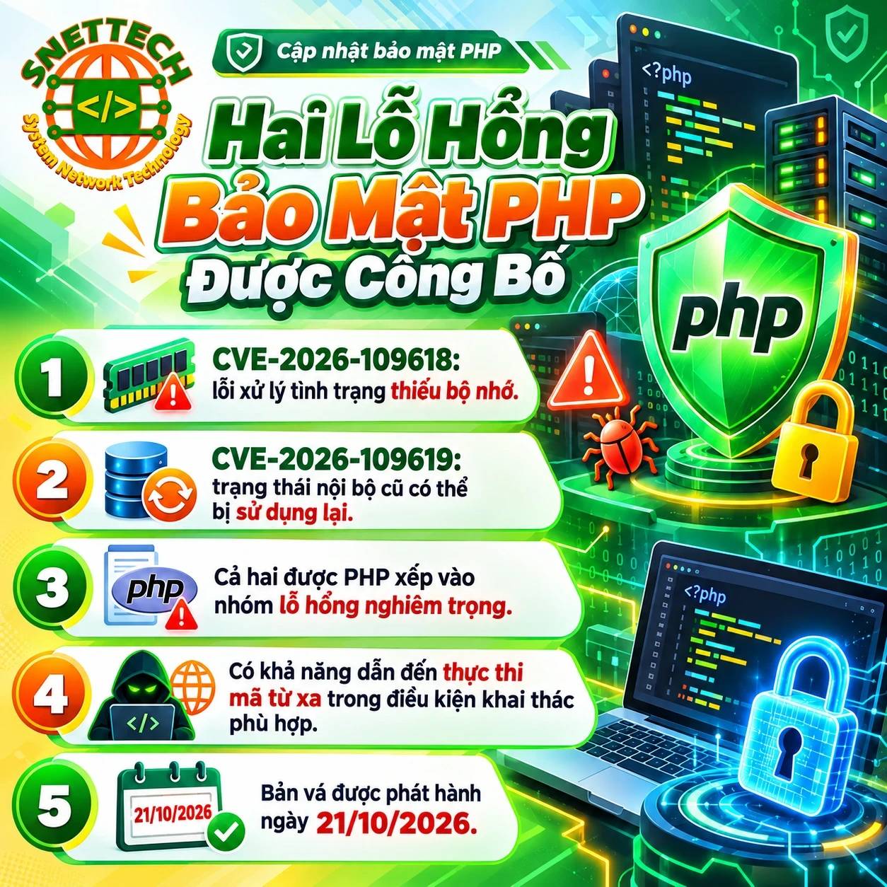 Hai lỗ hổng RCE CVE-2026-109618 và CVE-2026-109619 được xử lý trong các bản cập nhật PHP ngày 21/10/2026
