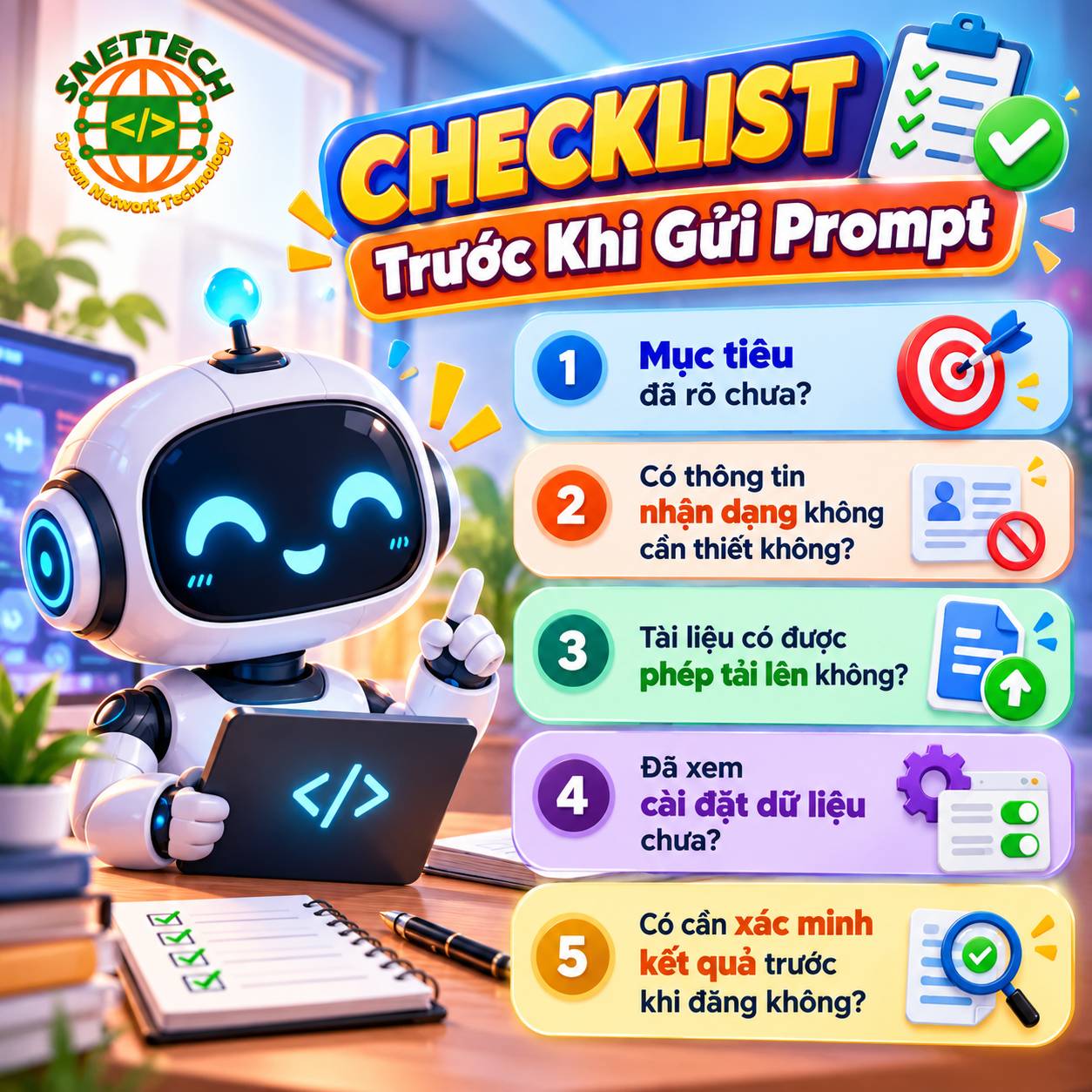 Checklist năm câu hỏi giúp kiểm tra quyền riêng tư trước khi gửi prompt cho công cụ AI