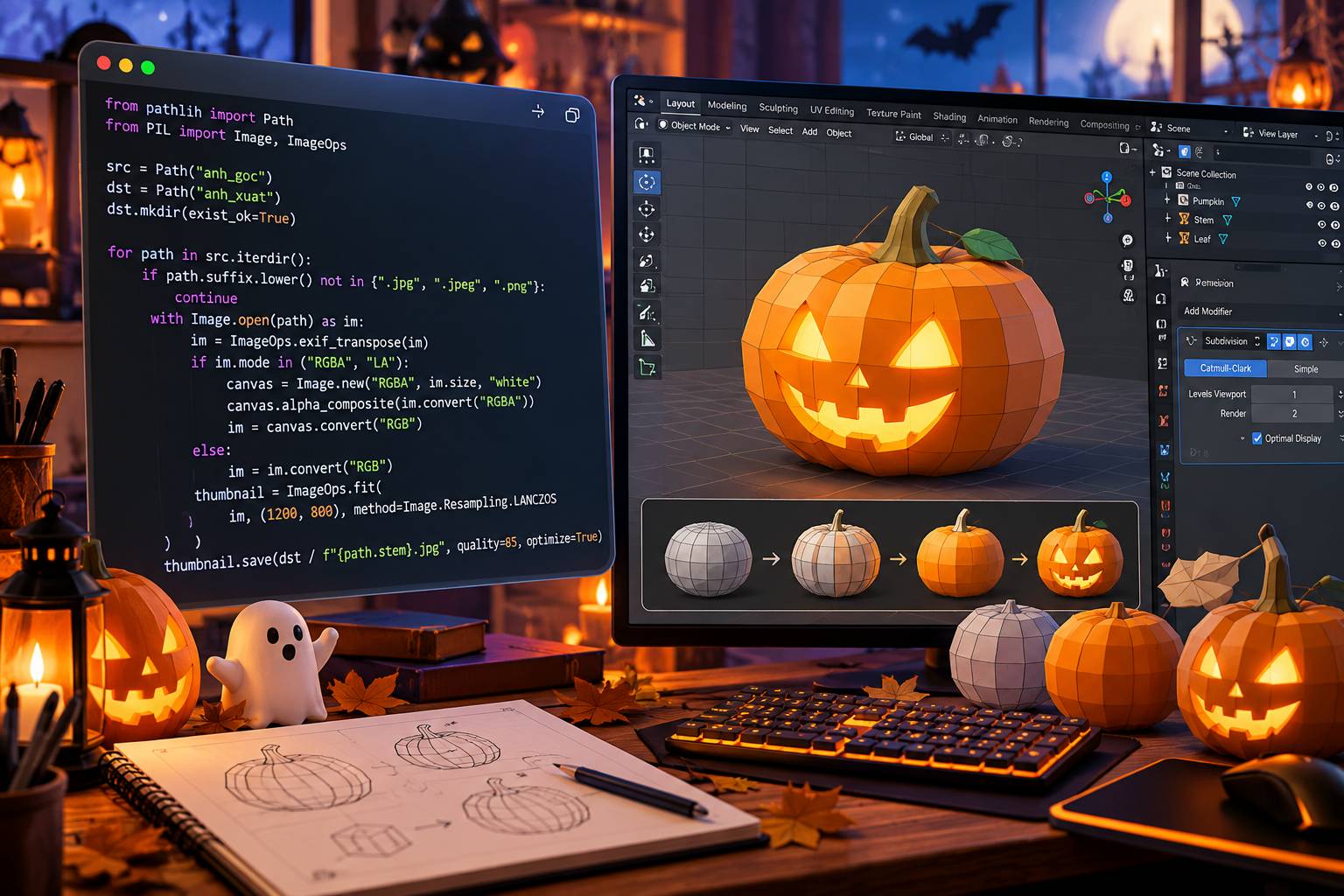 Mô hình bí ngô 3D low poly hoàn chỉnh với biểu cảm ma quái được thiết kế trên Blender để làm game