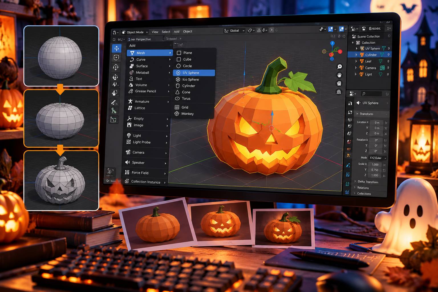 Đặt nguồn sáng Point Light màu vàng bên trong lòng quả bí ngô 3D để tạo hiệu ứng phát sáng đêm Halloween