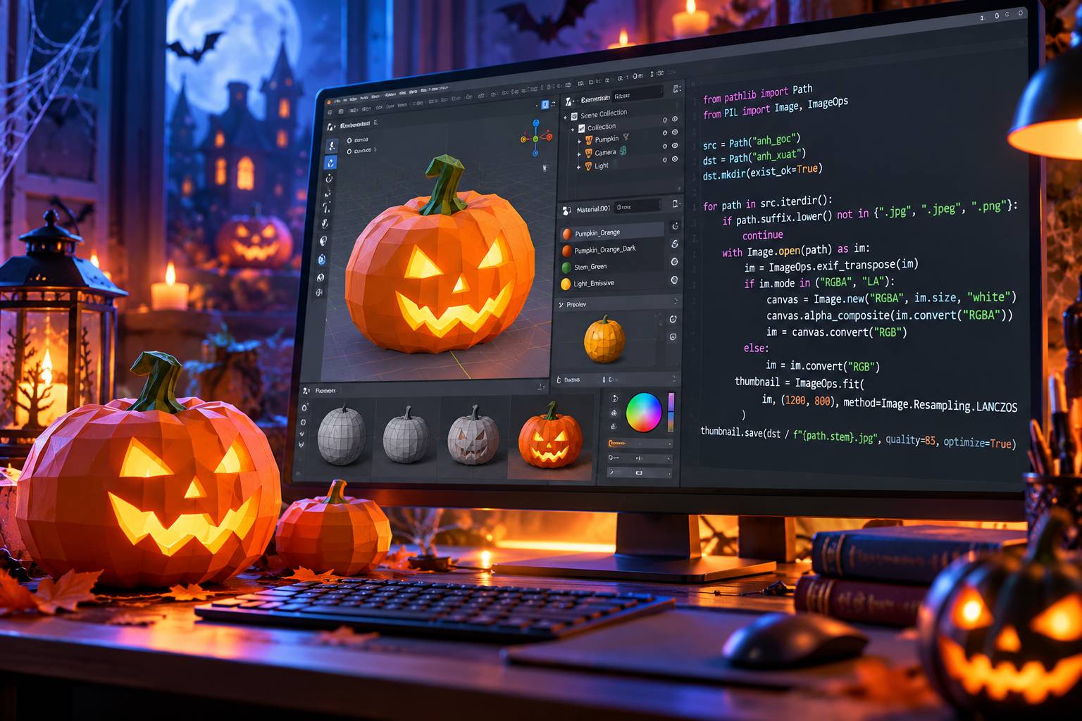 Đặt nguồn sáng Point Light màu vàng bên trong lòng quả bí ngô 3D để tạo hiệu ứng phát sáng đêm Halloween