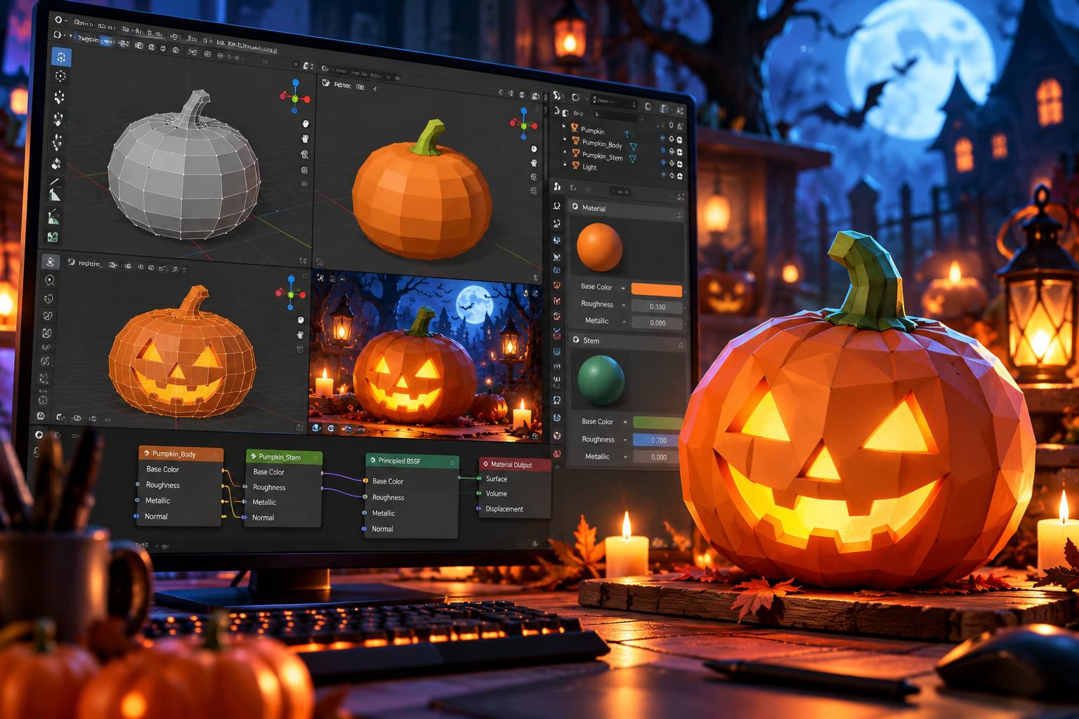 Thiết lập bảng màu cam và xanh lá phong cách low poly trong Blender giúp mô hình bắt mắt phục vụ học tập