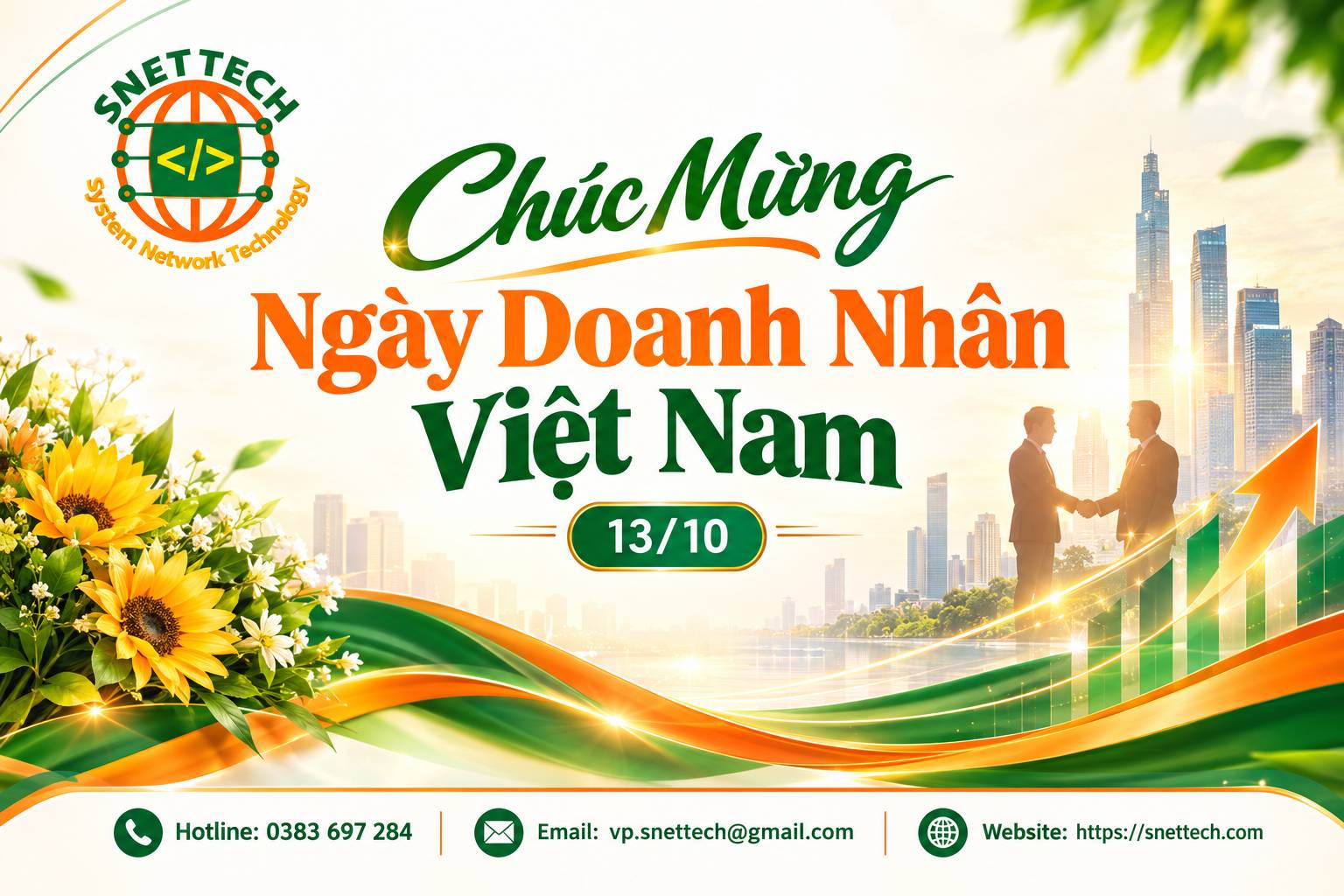 Nhân ngày 13/10, Snettech chúc mừng ngày doanh nhân Việt Nam đến toàn thể các nhà quản trị, những người đang ngày đêm chèo lái con thuyền kinh tế đất nước