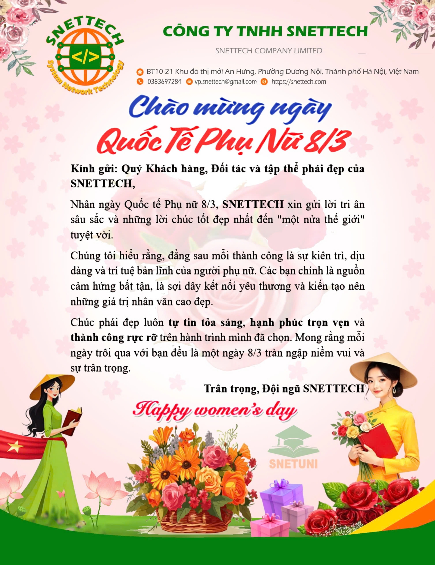 Thư chúc mừng ngày Quốc tế Phụ nữ - Cùng Snettech gửi ngàn lời yêu thương tôn vinh phái đẹp 8/3
