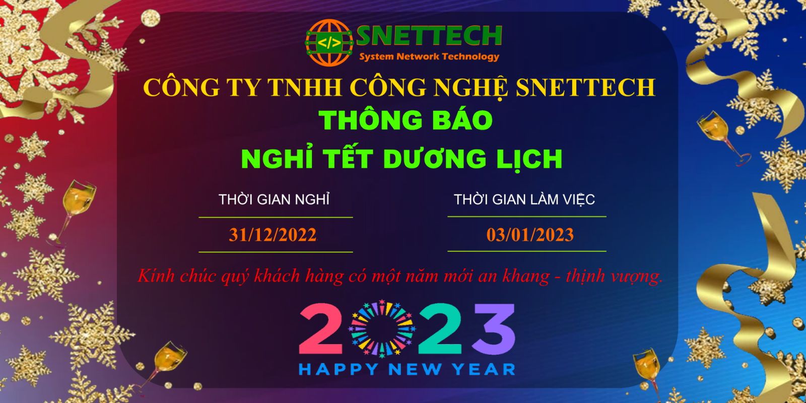 Công ty TNHH SNETTECH thông báo nghỉ tết dương lịch 2023