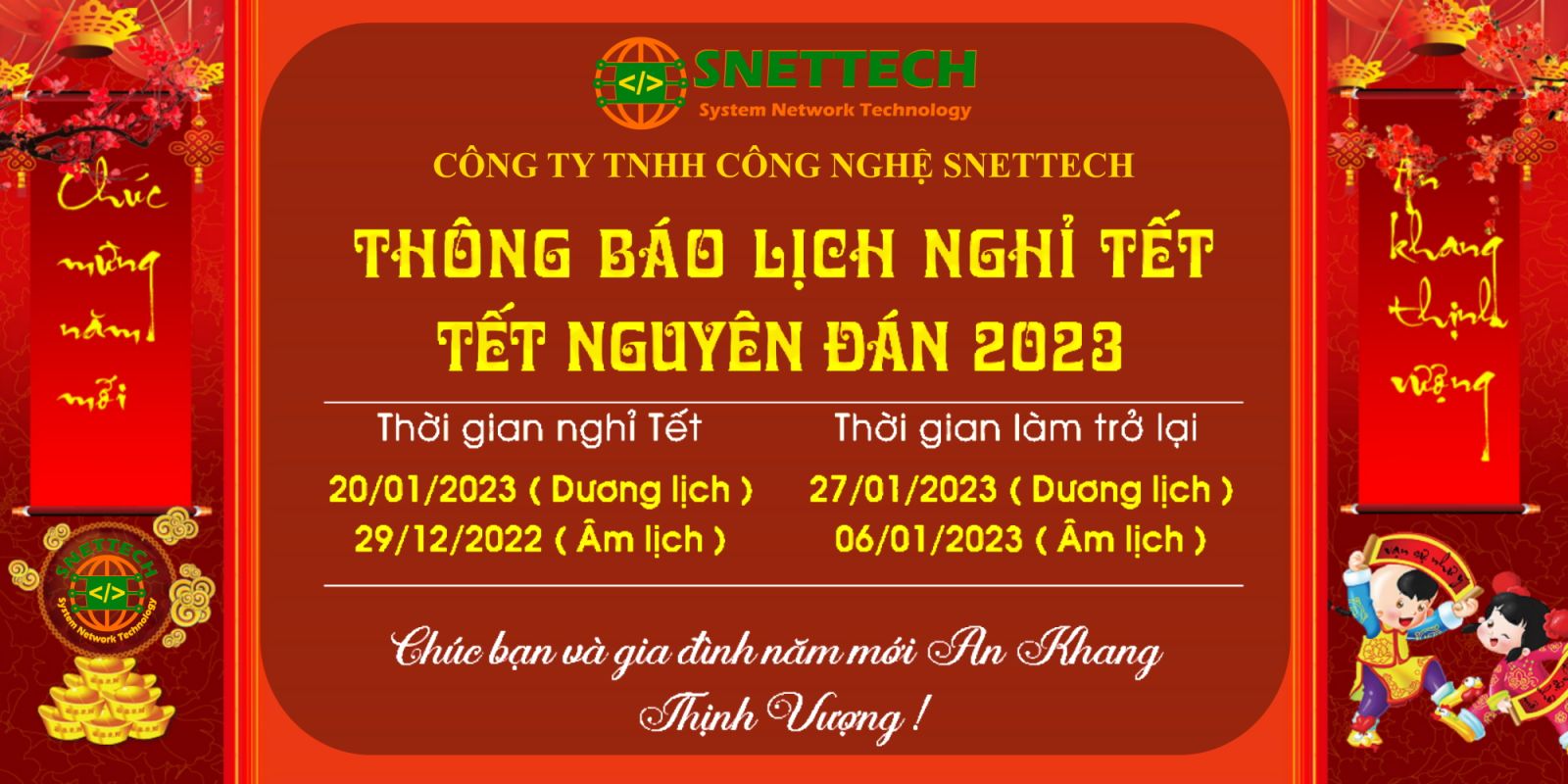 Công ty TNHH SNETTECH thông báo lịch nghỉ tết Nguyên đán Qúy Mão 2023