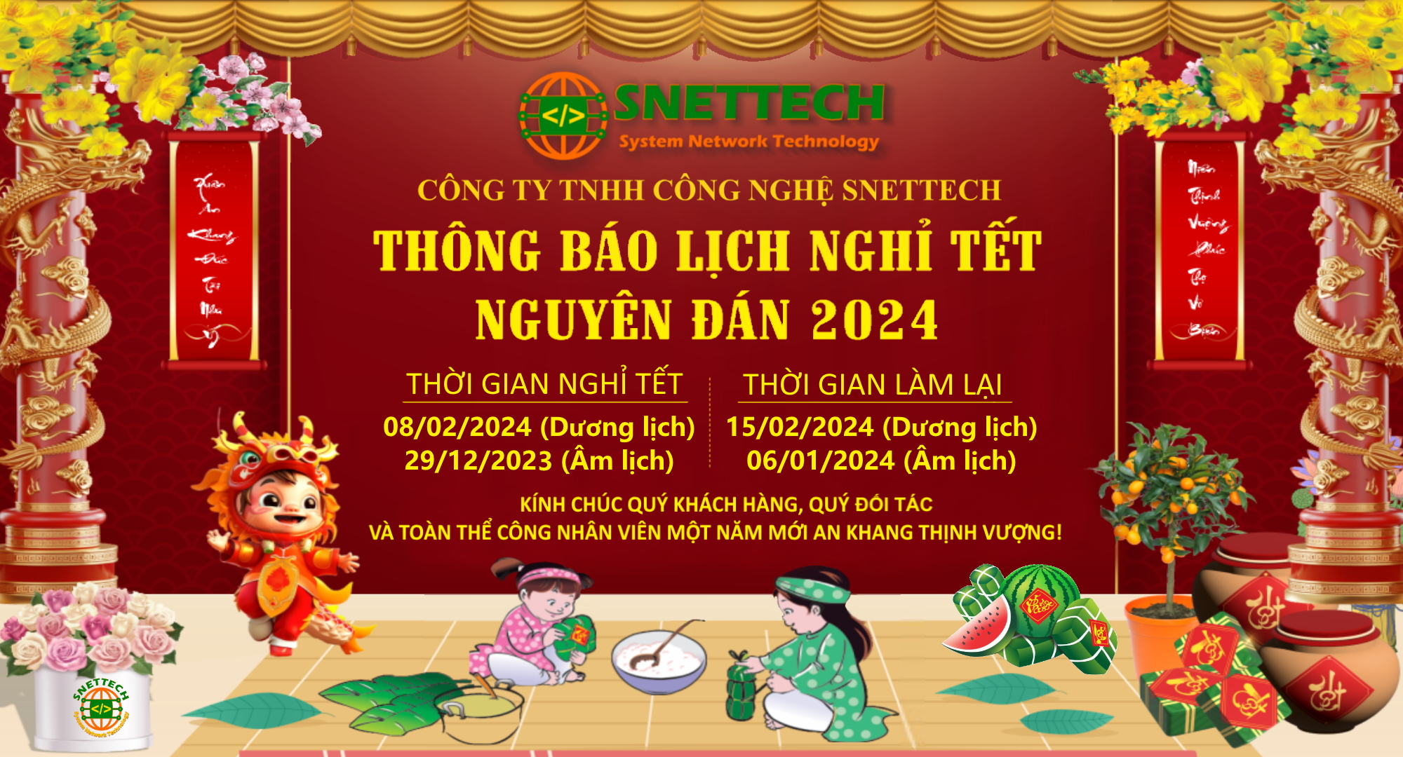 Công ty TNHH SNETTECH thông báo lịch nghỉ tết Nguyên Đán Giáp Thìn 2024