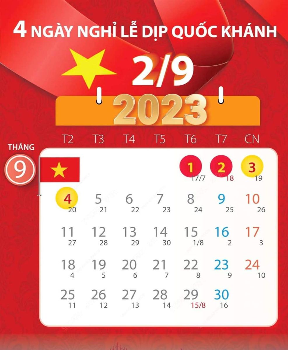 Lịch nghỉ lễ Quốc Khánh 2/9/2023
